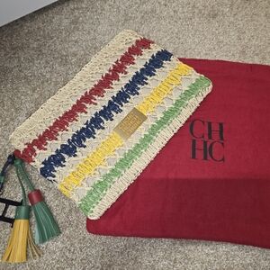 Carolina Herrera Straw Raffia Clutch  Red, Blue, Yellow Green Stripes Jamacia